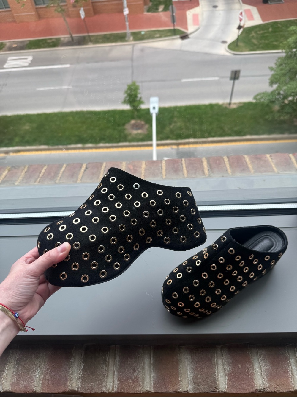 Azalea Wang Black Suede Slip-On Mules with Gold Eyelet Detail